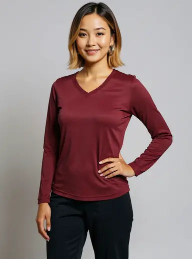 Women's Long Sleeve V-Neck 100% Polyester T-Shirt